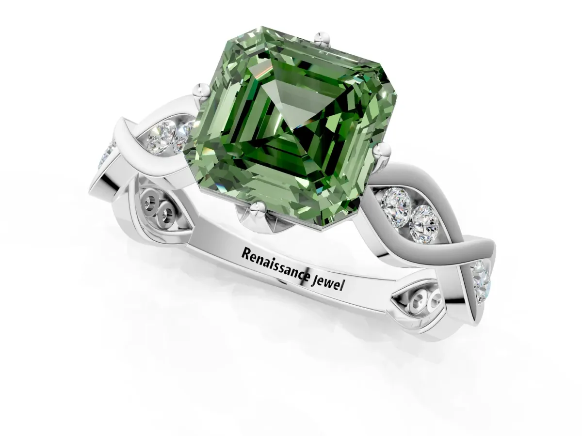 Fancy Green Asscher Cut Solitaire Twist Band with Leaf Prong Setting Platinum