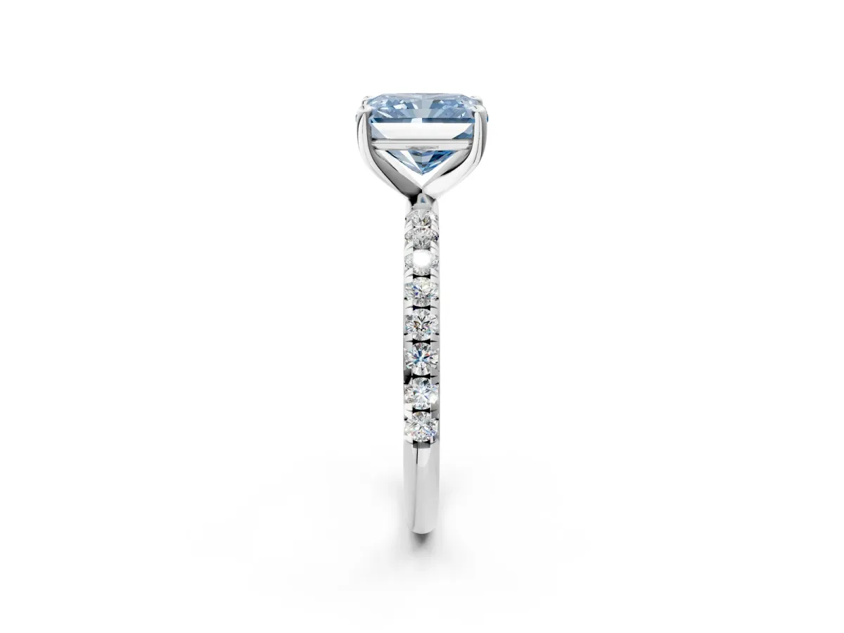 Fancy Blue Radiant Cut Cut Diamond Solitaire Ring with Micro Pave Band and Four Prong Setting Platinum