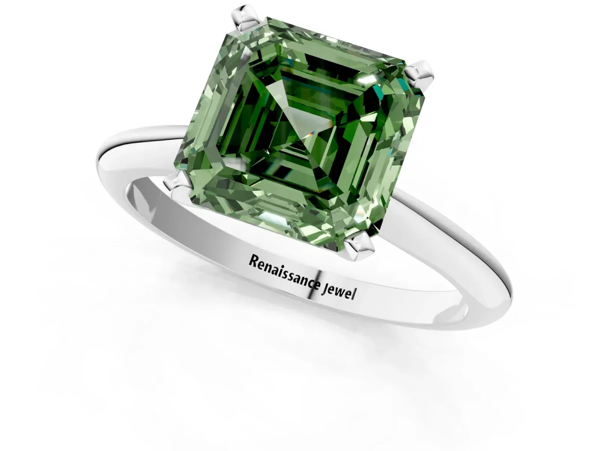 Fancy Green Asscher Cut Diamond Solitaire Engagement Ring with Classic Band and Four-Prong Setting Silver