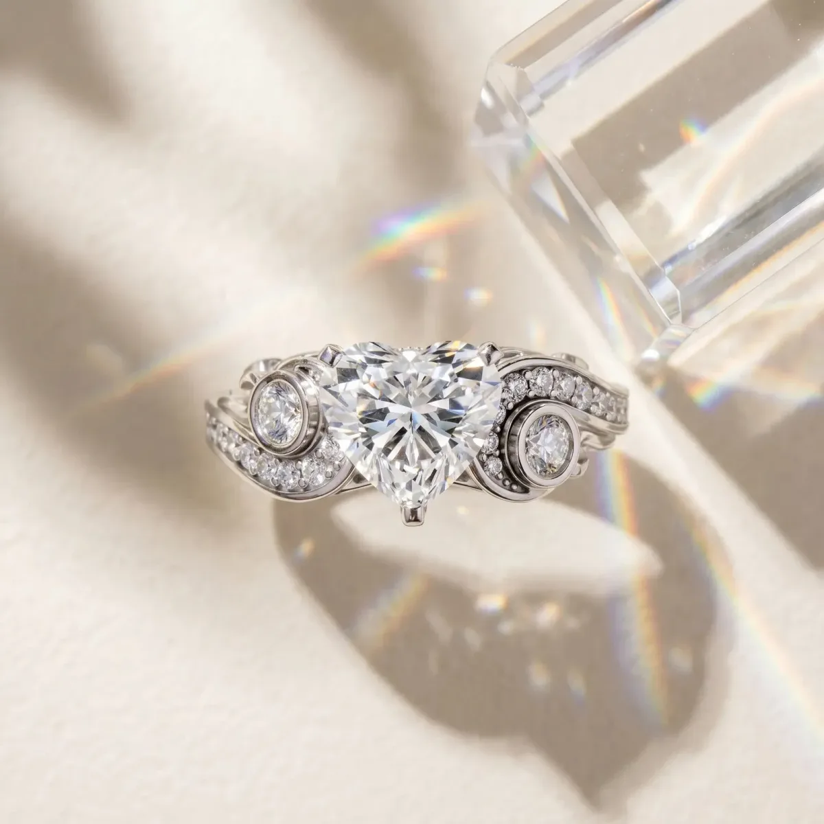 Heart Cut Diamond Solitaire Ring with Milgrain Pavé Band and Four-Prong Setting Silver