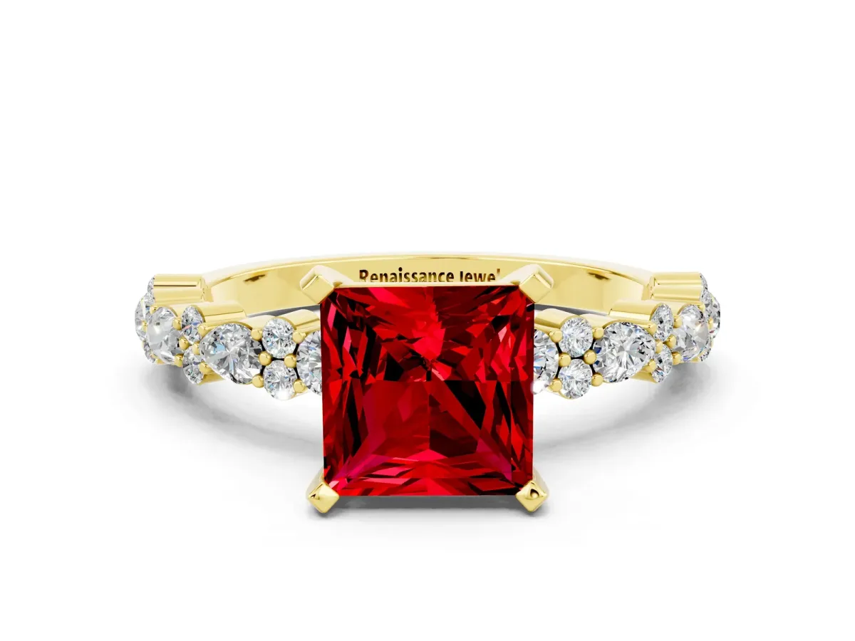 Princess Cut Ruby Side Stone Solitaire Ring with Round and Four-Prong Setting Yellow gold