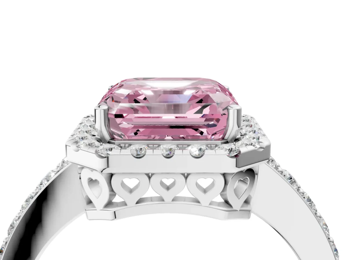 Fancy Pink Asscher Cut Halo Diamond Pavé Band Ring with Prong Setting Silver