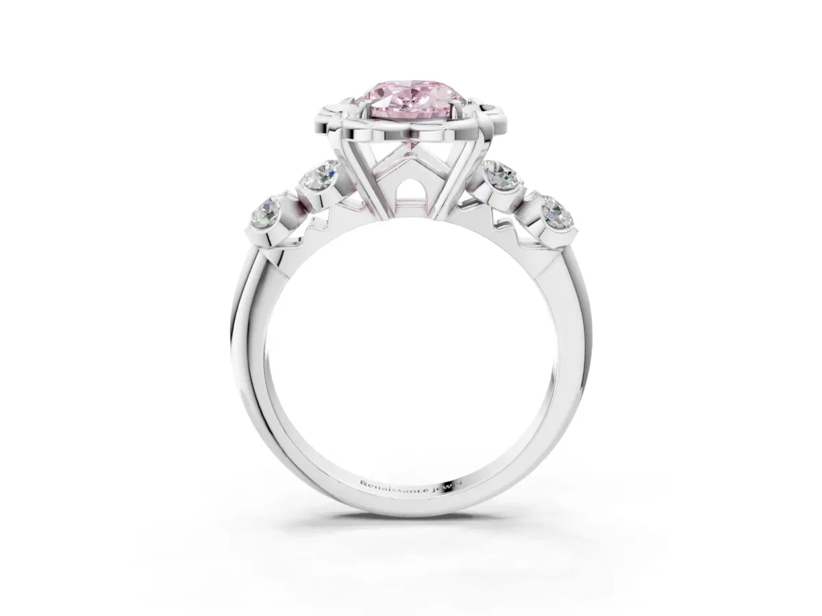 Fancy Pink Oval Cut Cut Diamond Floral Halo Engagement Ring with Shared Prong Setting Silver
