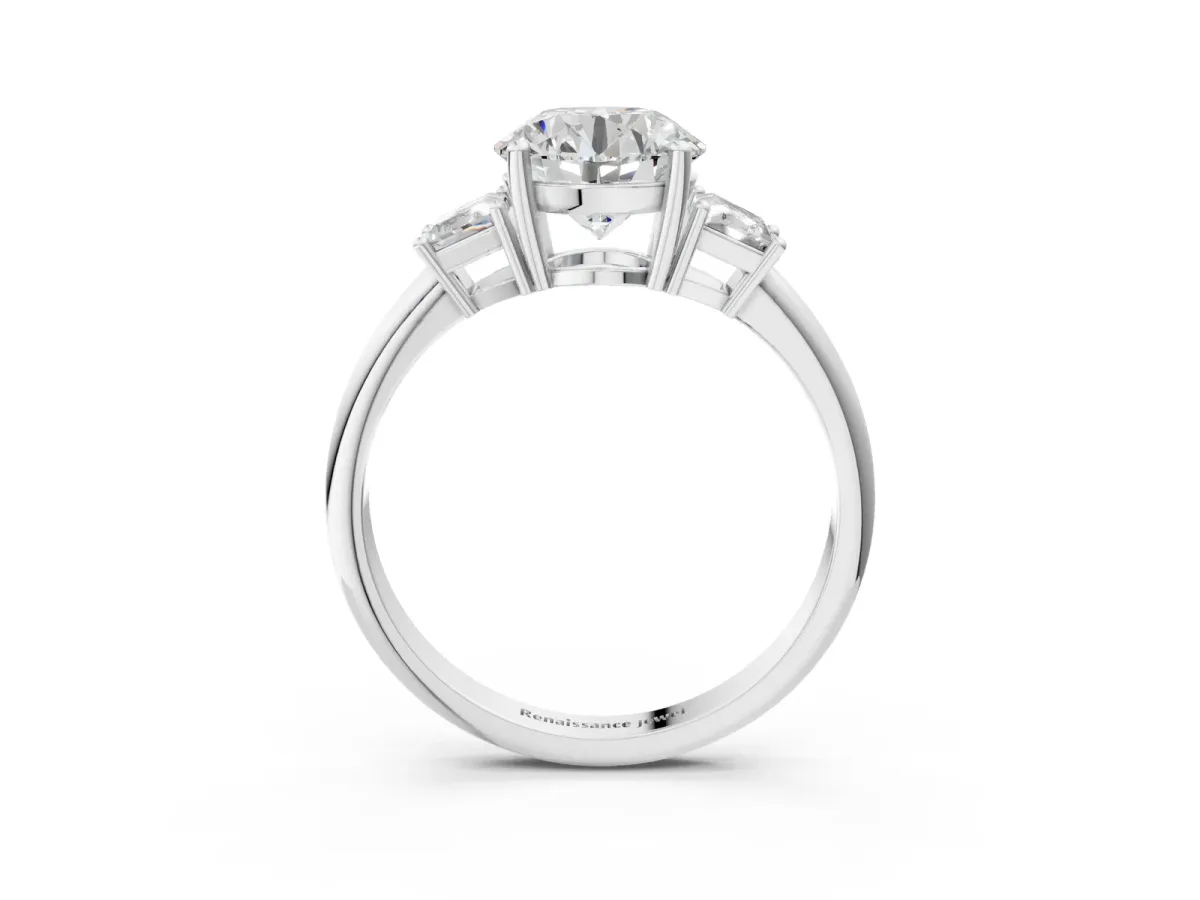 Round Cut Diamond Three-Stone Ring with Trapezoid Side Stones and Prong Setting Platinum
