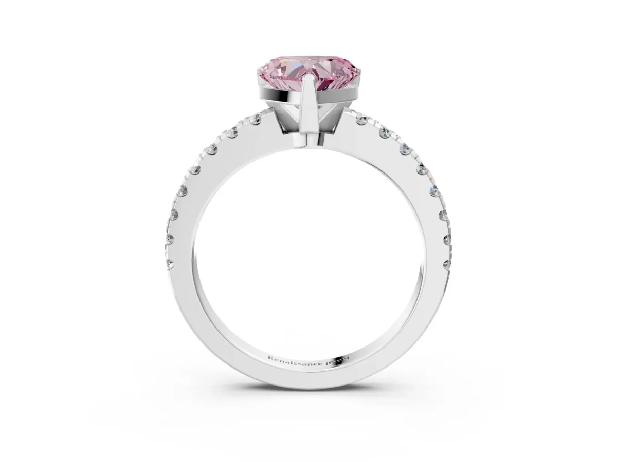 Fancy Pink Heart Cut Solitaire Diamond with Pavé Band and Four-Prong Setting Silver