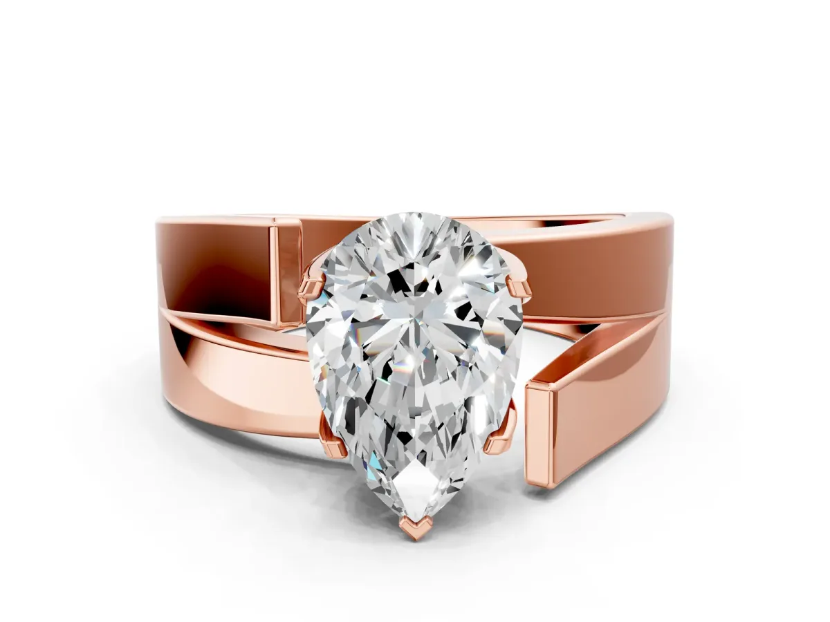 Modern Tension Set Pear Cut Diamond Solitaire Wide Band Ring Rose gold