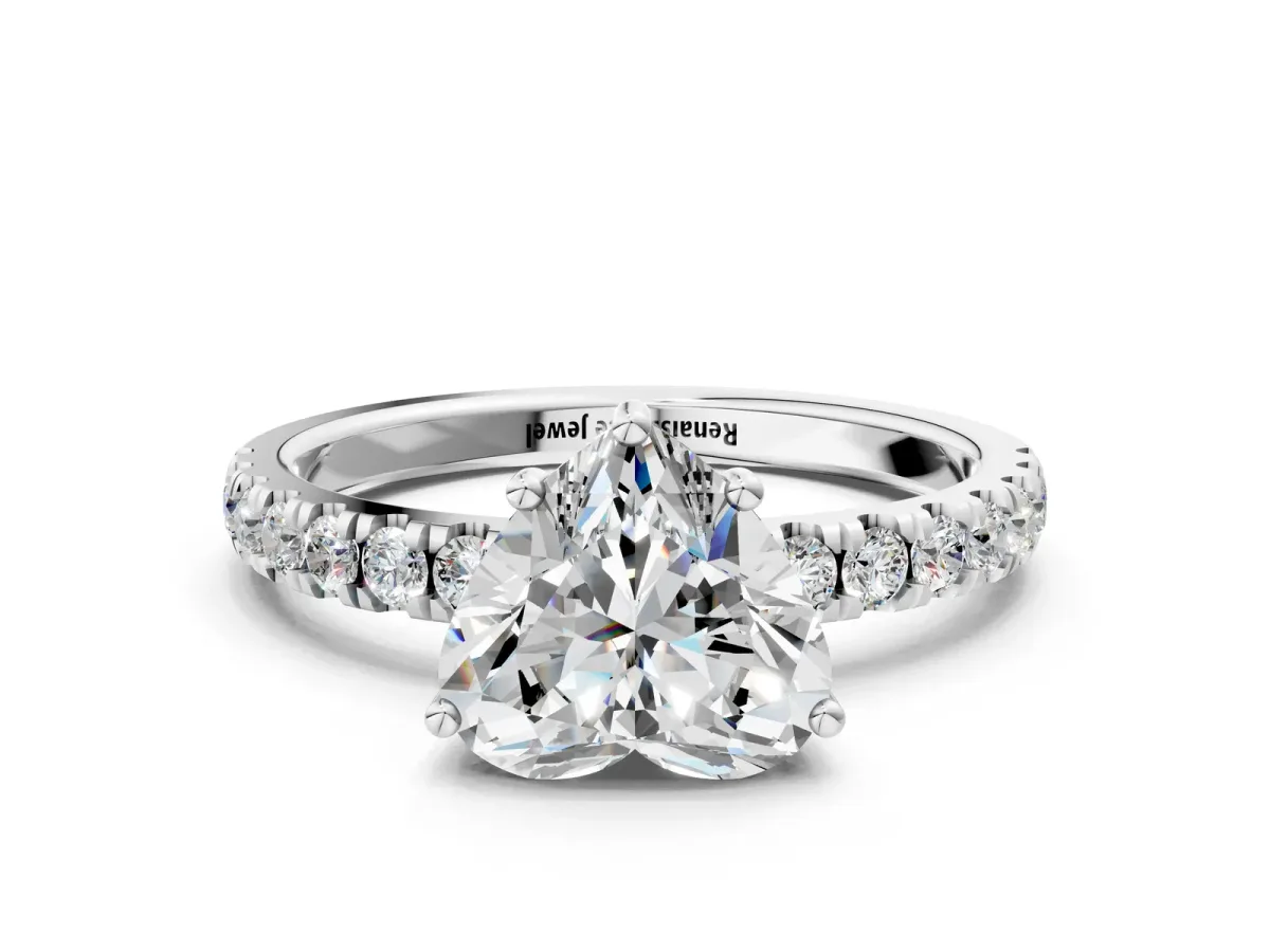 Heart Cut Diamond Pave Band Solitaire Ring with Round and Prong Setting Silver