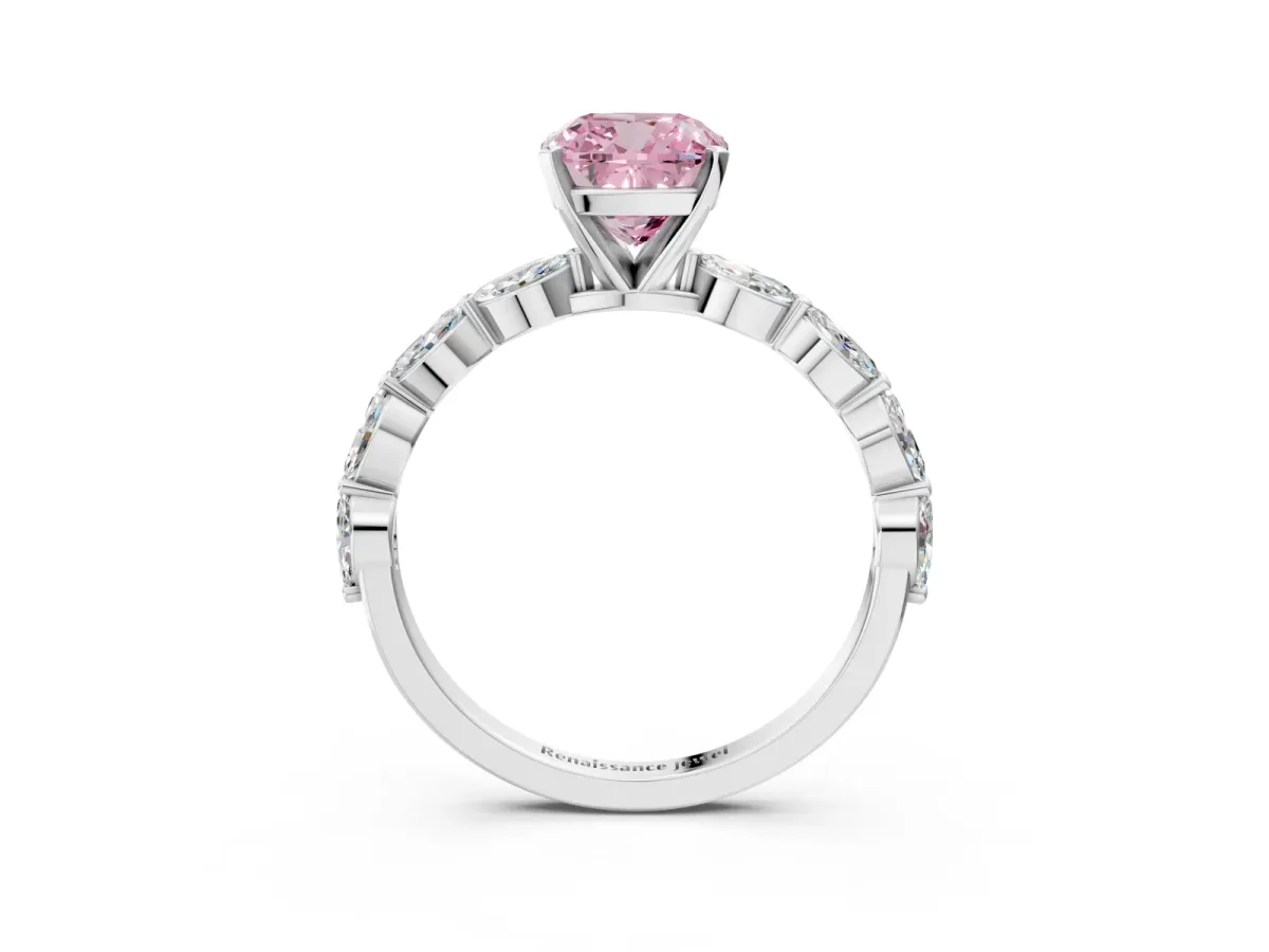 Fancy Pink Cushion Cut Diamond Ring with Marquise Side Stones and Prong Setting Platinum