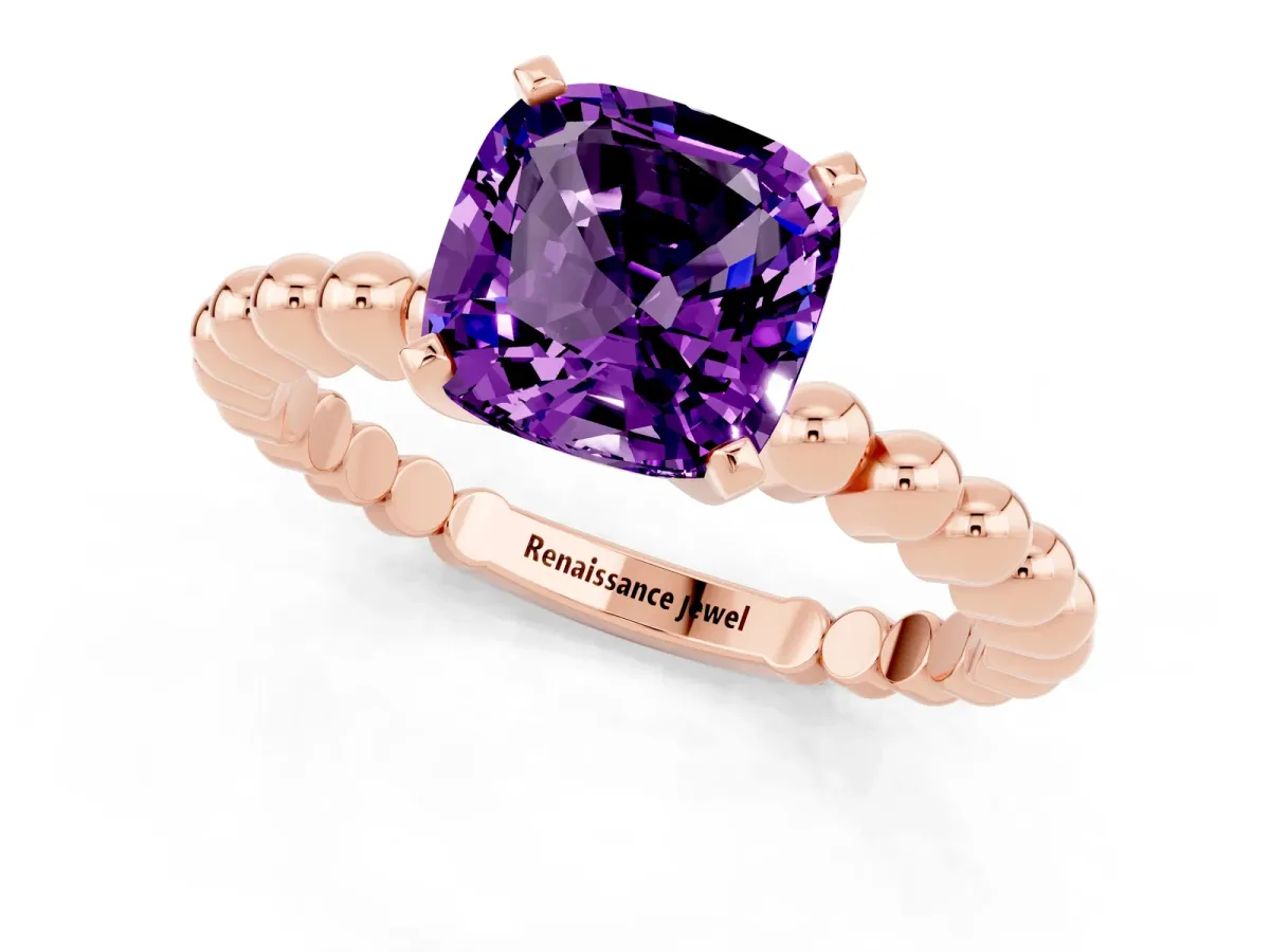 Cushion Cut Amethyst Solitaire Ring with Beaded Band and Prong Setting Rose gold