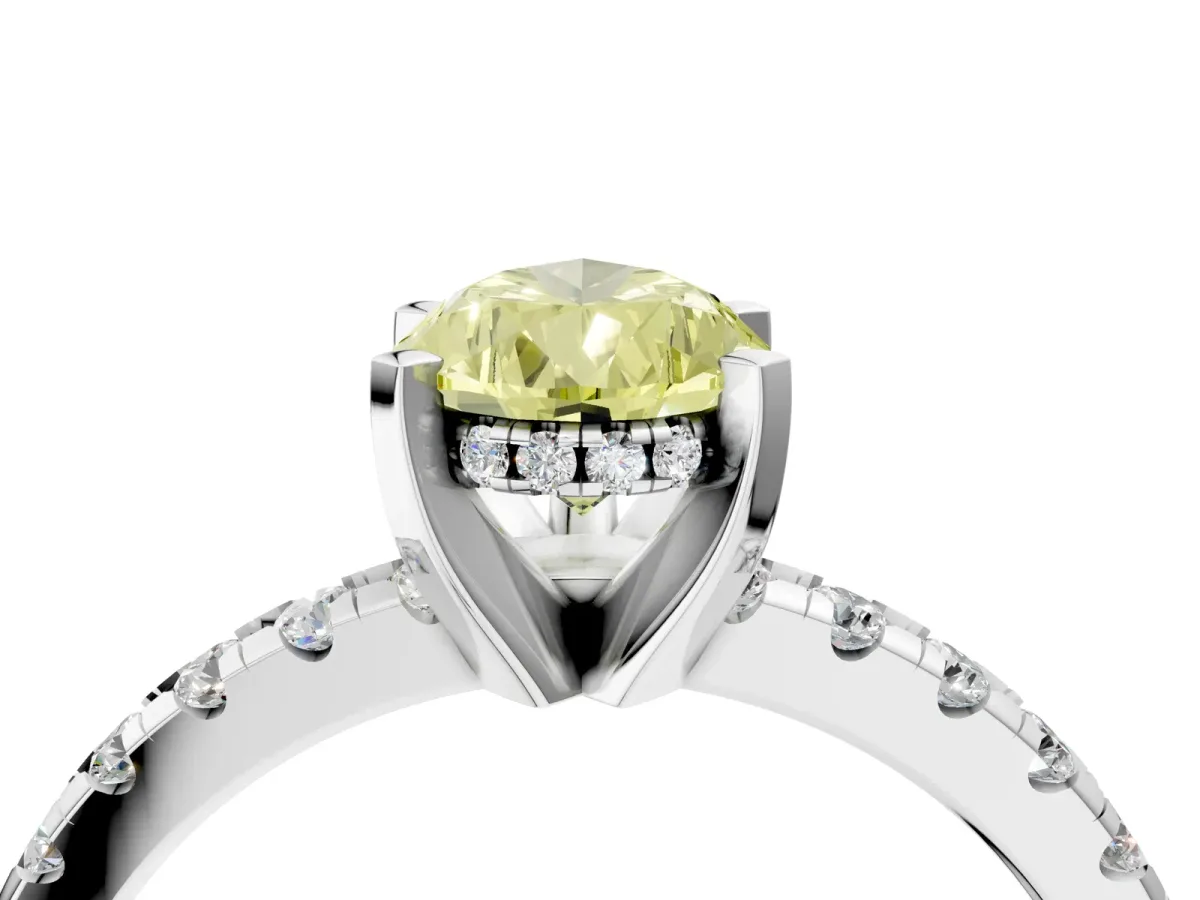 Fancy Yellow Pear Cut Diamond Solitaire Ring with Round Pavé Band and Four-Prong Setting Silver