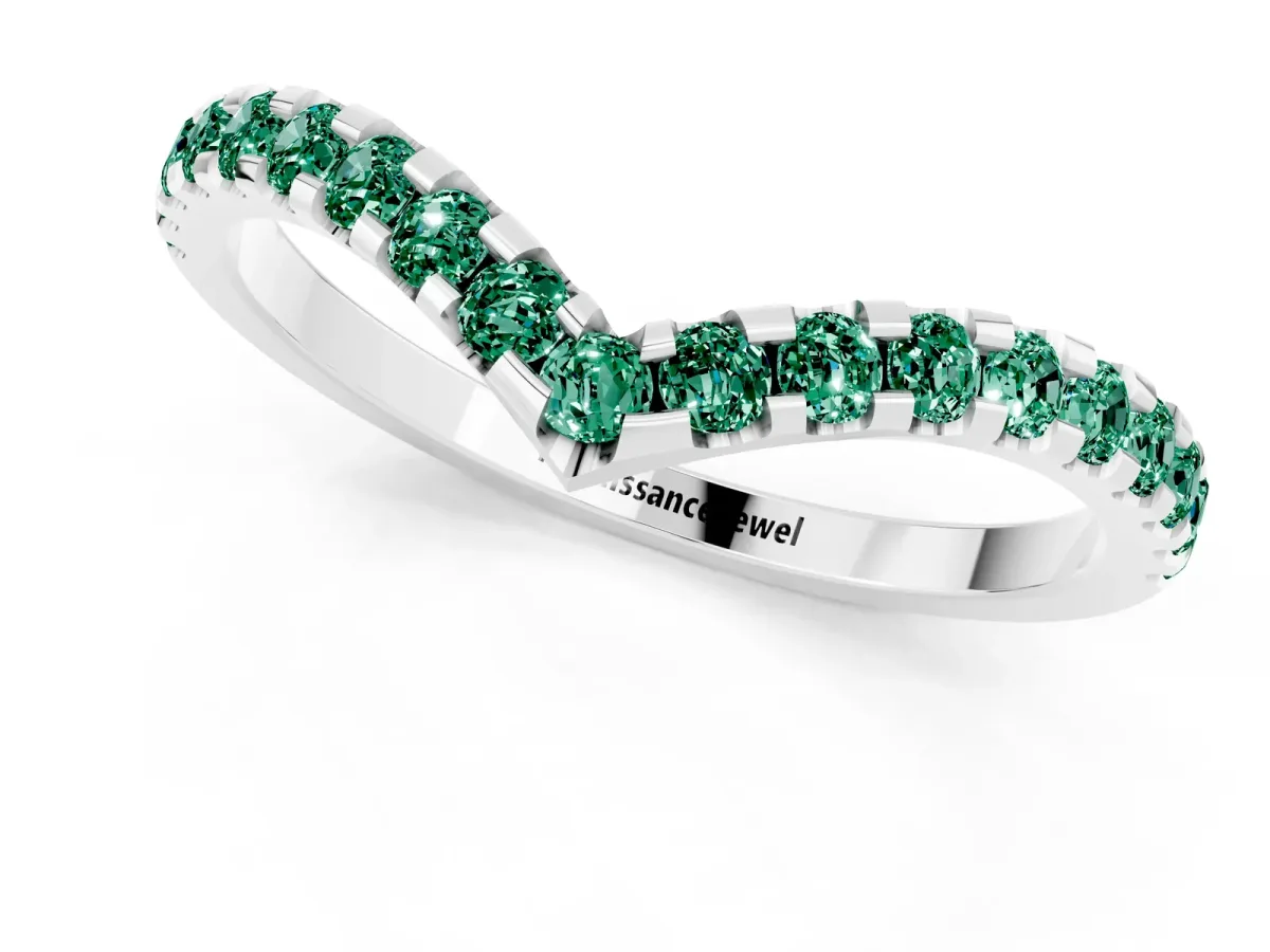 Pavé Round Green Sapphire Chevron Band with Shared Prong Setting Silver
