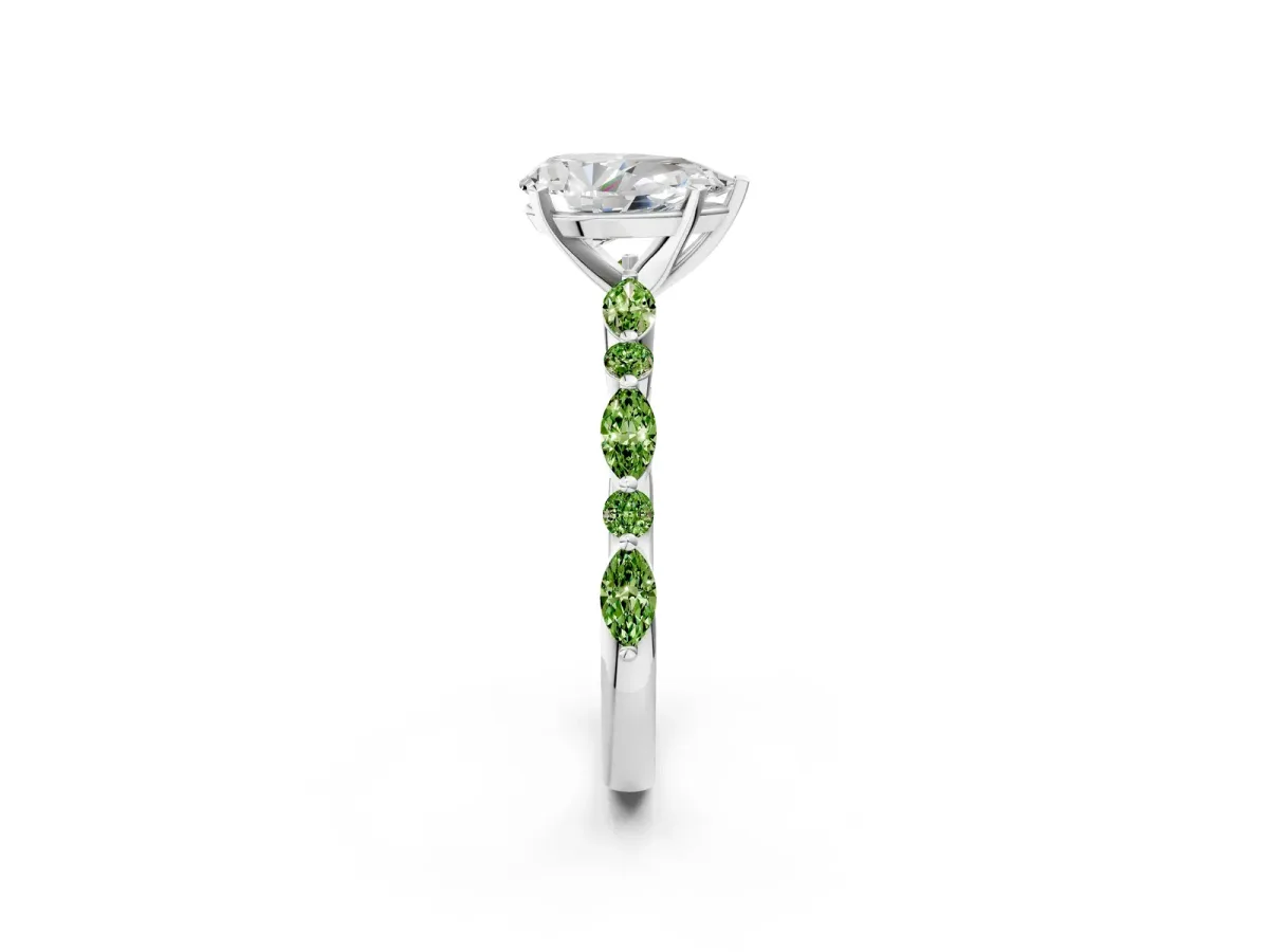 Pear Cut Diamond Ring with Marquise and Round Peridot Side Stones and Four-Prong Setting Silver