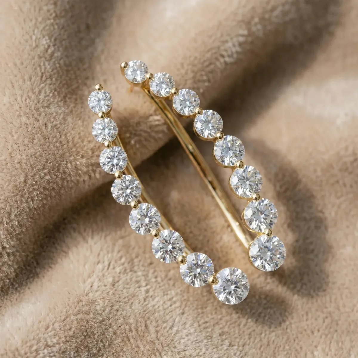 Round Diamond Climber Earrings with Prong Setting on Curved Band Yellow gold