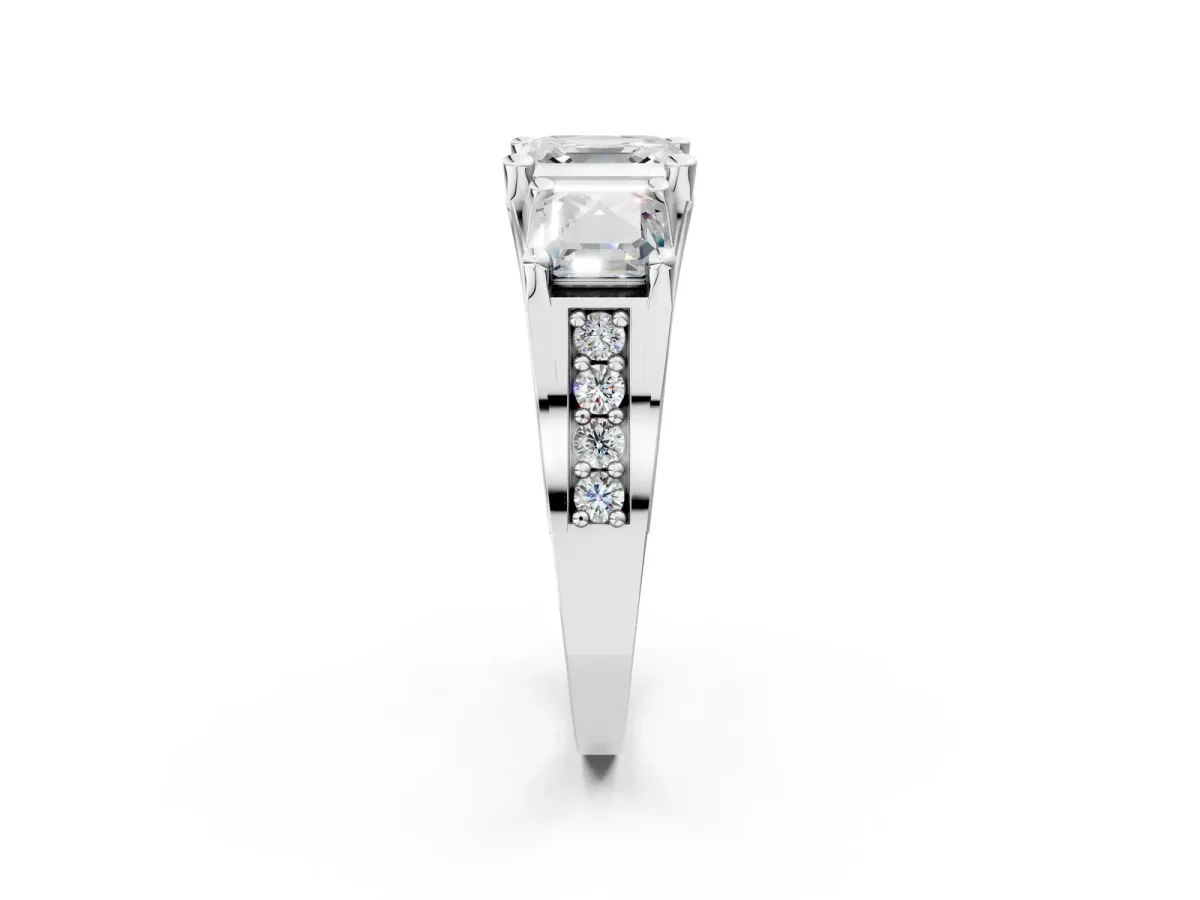Asscher Cut Diamond Three-Stone Ring with Channel Set Band and Four-Prong Setting Platinum
