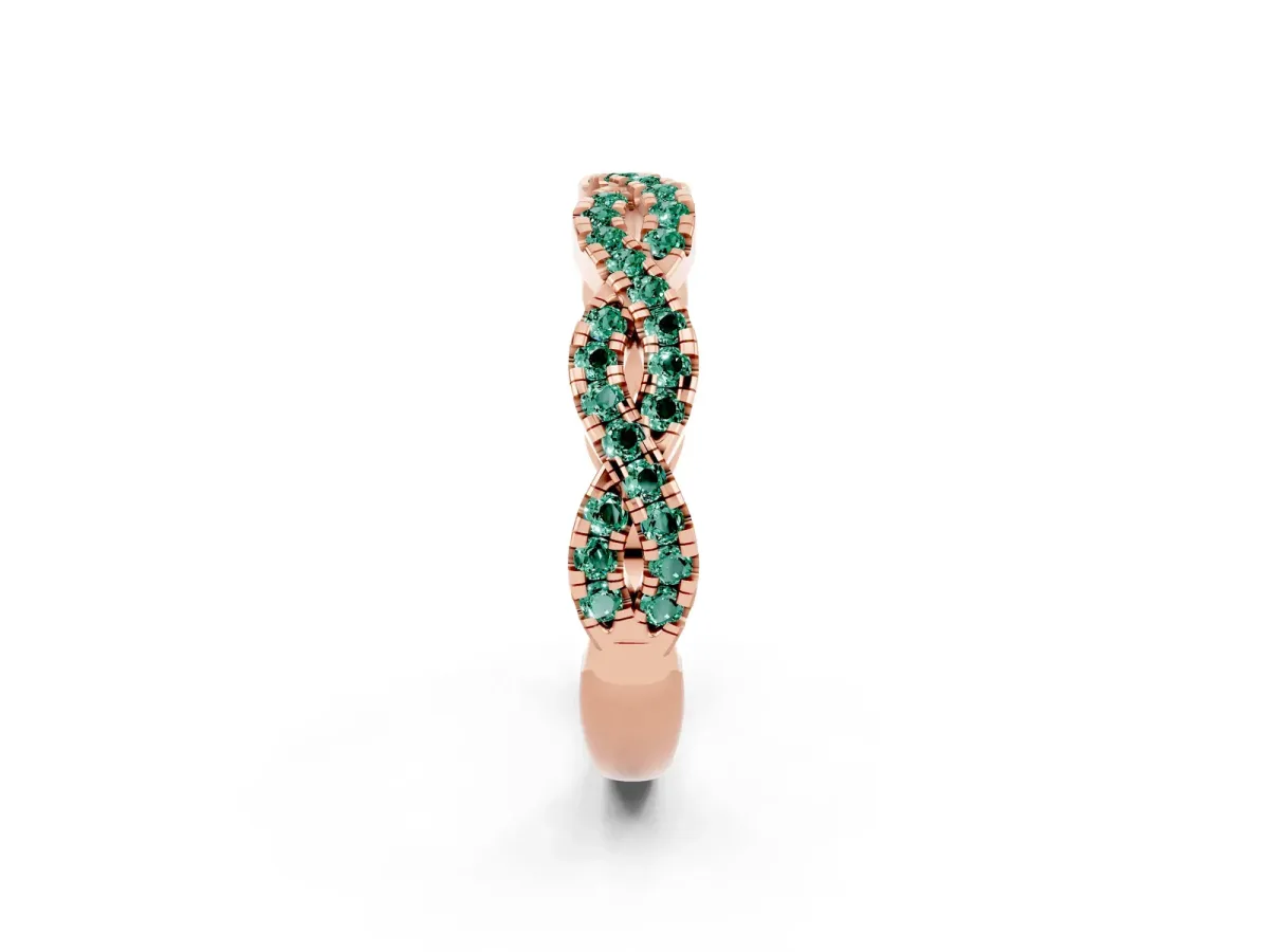 Round Green Sapphire Twisted Eternity Band with Pavé and Shared Prong Setting Rose gold