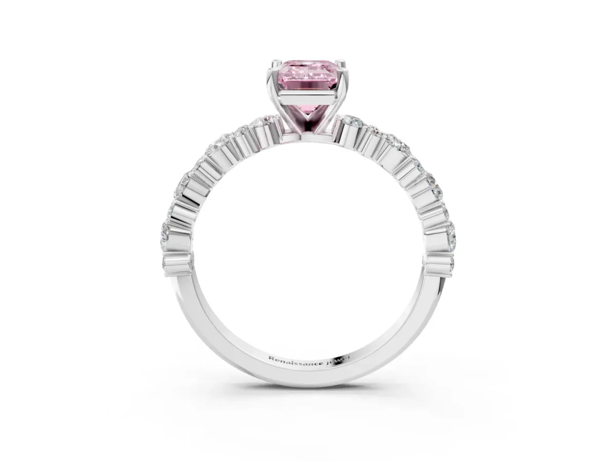 Fancy Pink Emerald Cut Diamond Side Stone Solitaire Ring with Round and Four-Prong Setting Platinum