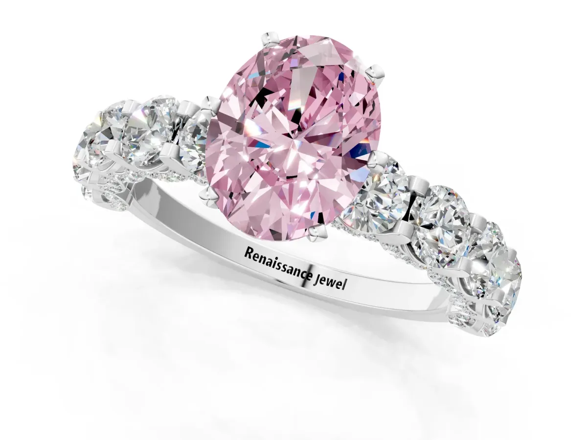 Fancy Pink Oval Cut Diamond Side Stone Engagement Ring with Four-Prong Setting White gold