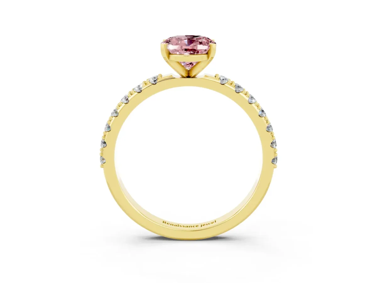 Oval Cut Morganite Solitaire Pavé Band with Four-Prong Setting Yellow gold