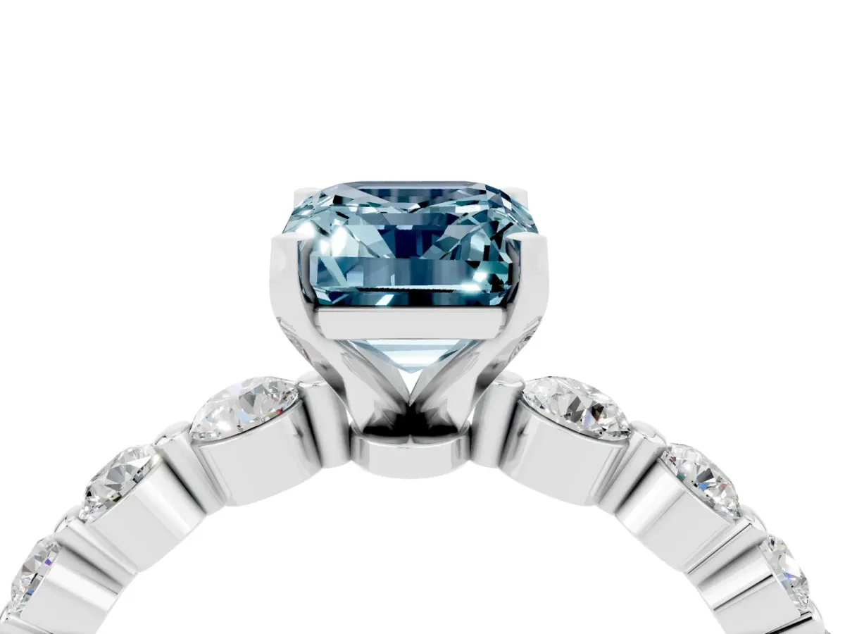 Emerald Cut Solitaire Aquamarine Ring with Pave Band and Four-Prong Setting Silver