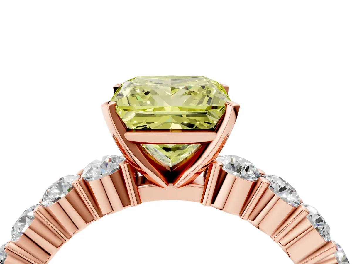 Fancy Yellow Princess Cut Diamond Solitaire Ring with Shared Prong Round Side Stones Rose gold
