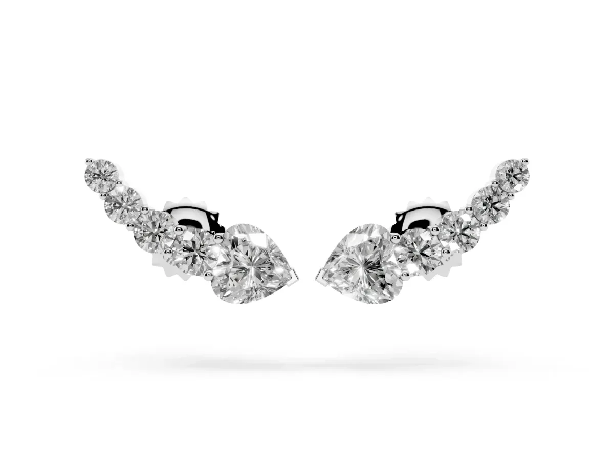 Round and Heart Diamond Petite Ear Climber Earrings Platinum