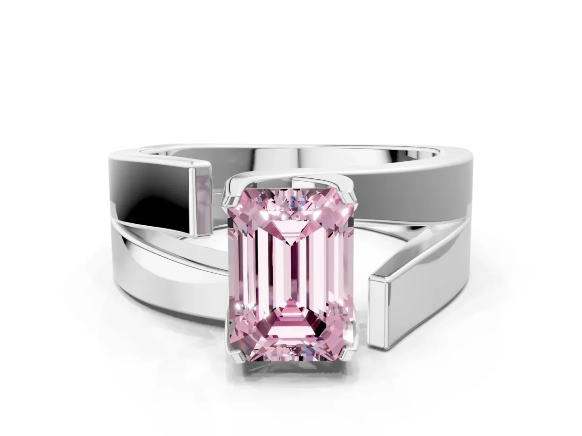 Fancy Pink Modern Tension Set Emerald Cut Diamond Solitaire Wide Band Ring Silver