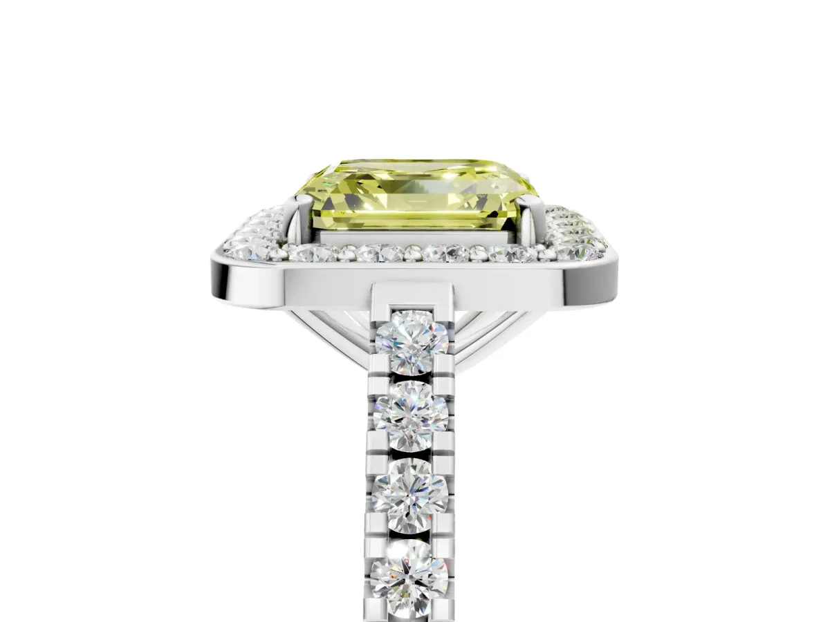 Fancy Yellow Asscher Cut Diamond Halo Ring with Round Pavé Split Shank and Prong Setting Platinum