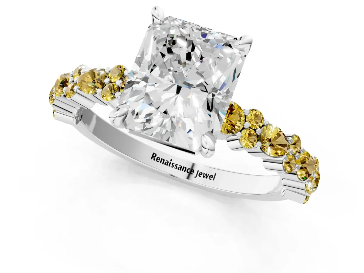 Radiant Cut Diamond Side Stone Solitaire Ring with Round Yellow Sapphire and Four-Prong Setting Silver