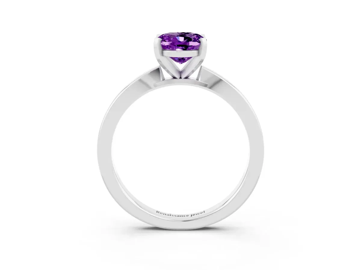 Oval Cut Amethyst Solitaire Engagement Ring with Classic Band and Four-Prong Setting Silver