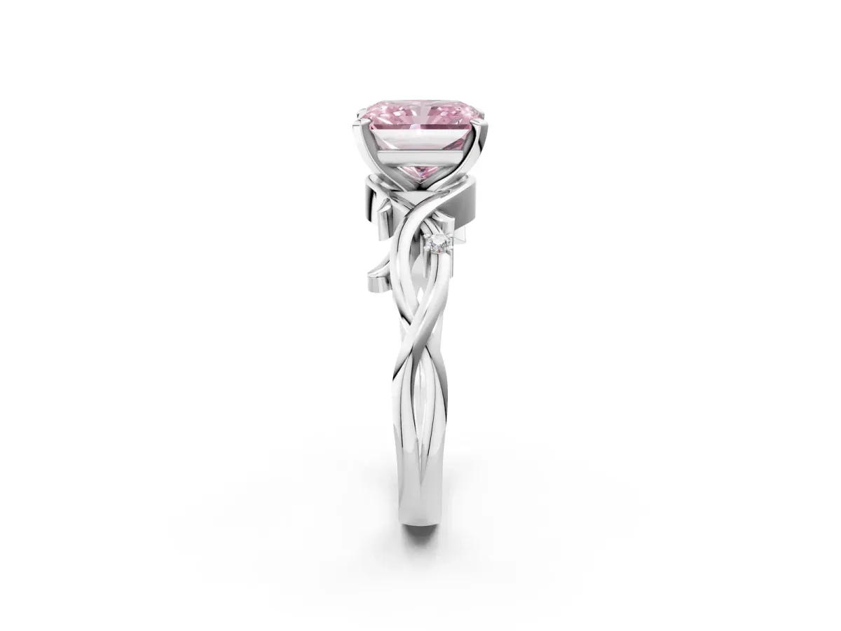 Fancy Pink Radiant Cut Diamond Solitaire Ring with Twisted Band and Prong Setting Silver