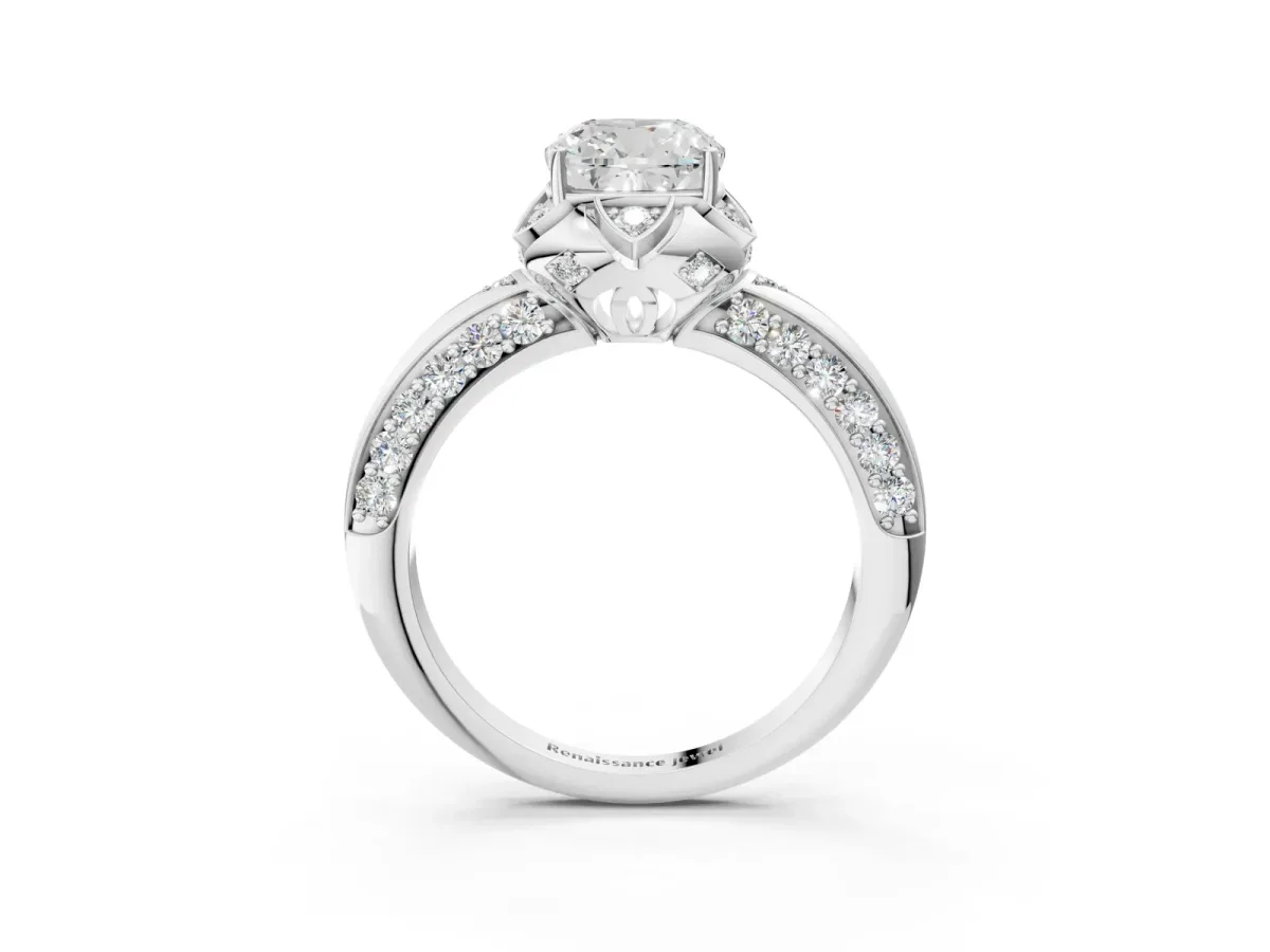 Cushion Cut Halo Split Shank Pave Diamond Ring with Petal Prong Setting White gold