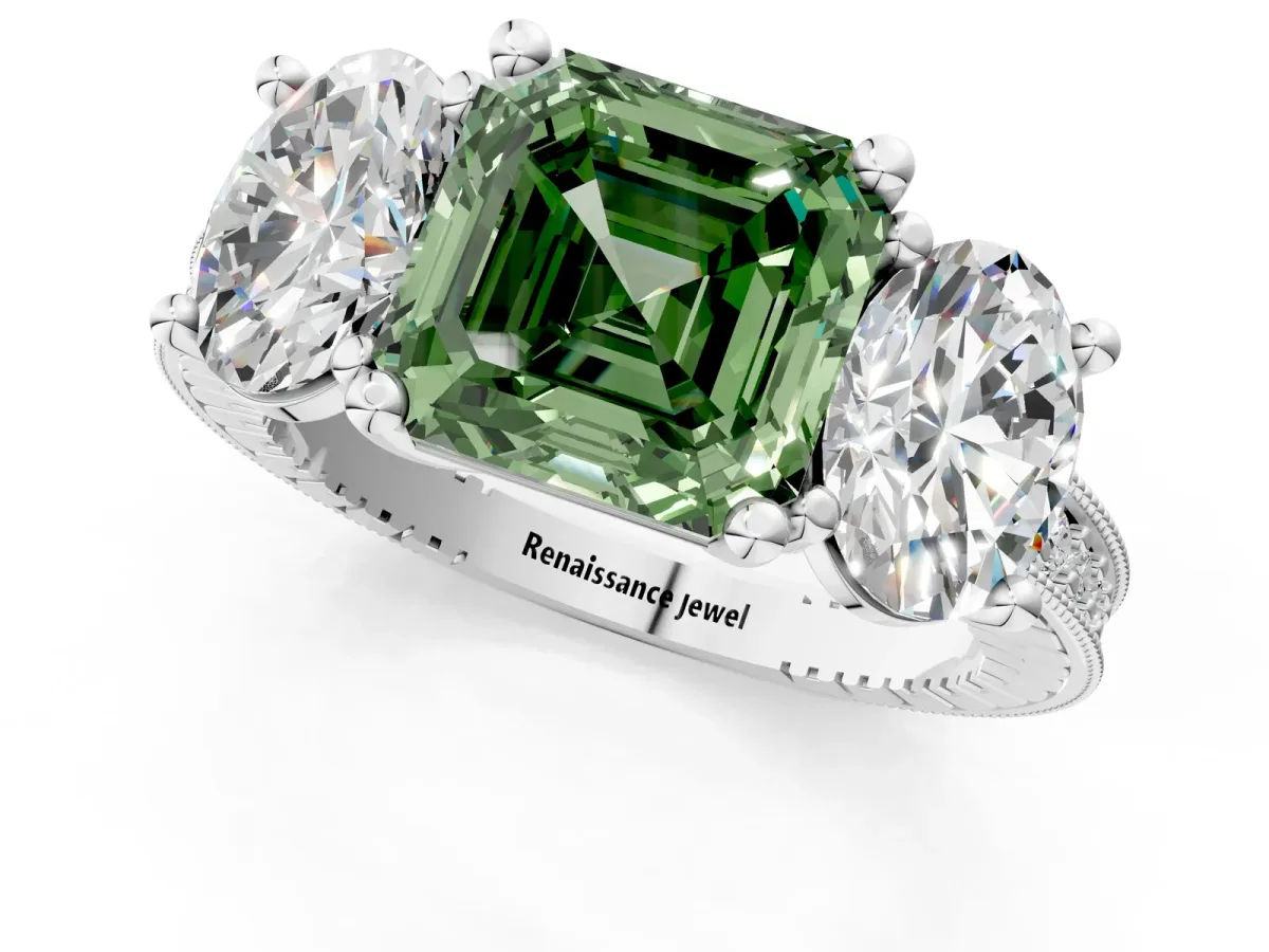 Fancy Green Three-Stone Asscher Cut Diamond Milgrain Pave Band with Prong Setting Platinum