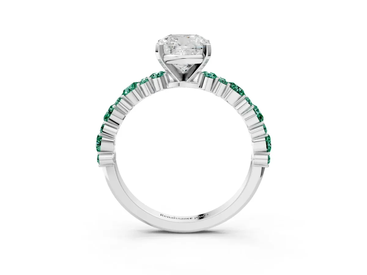 Cushion Cut Diamond Side Stone Solitaire Ring with Round Green Sapphire and Four-Prong Setting Silver