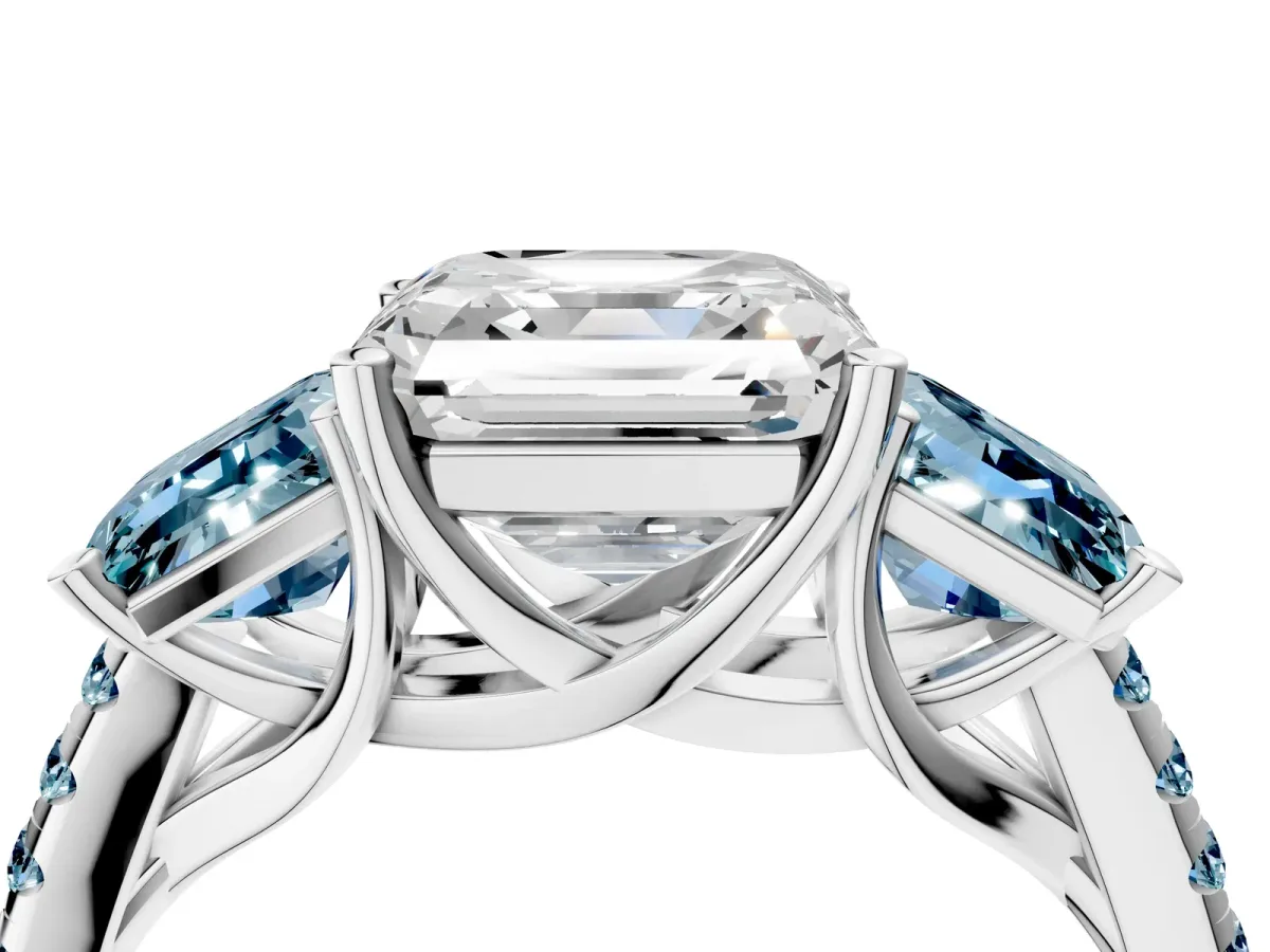 Three-Stone Asscher Cut Diamond Ring with Round Aquamarine Pavé Band and Prong Setting Silver