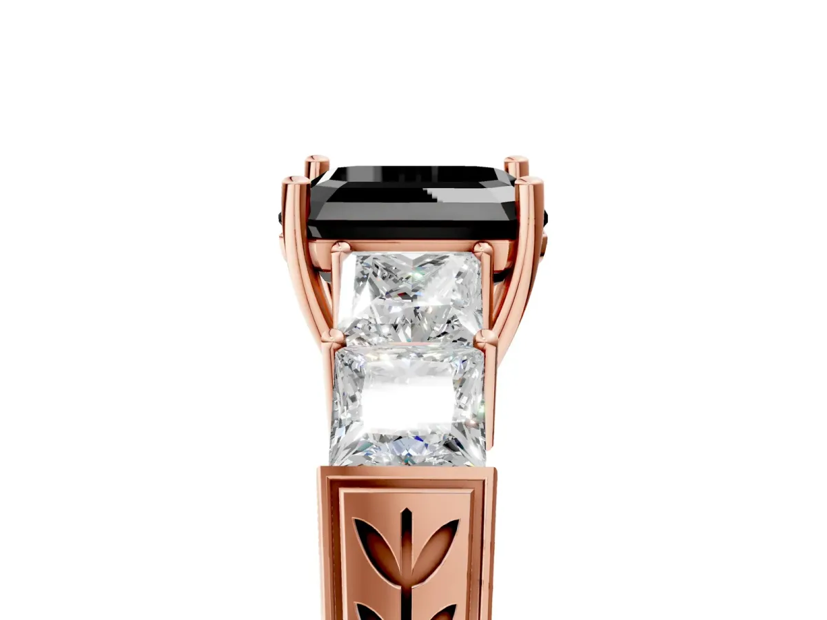 Fancy Black Asscher Cut Solitaire Princess Side Stone Engraved Band Prong Setting Ring Rose gold