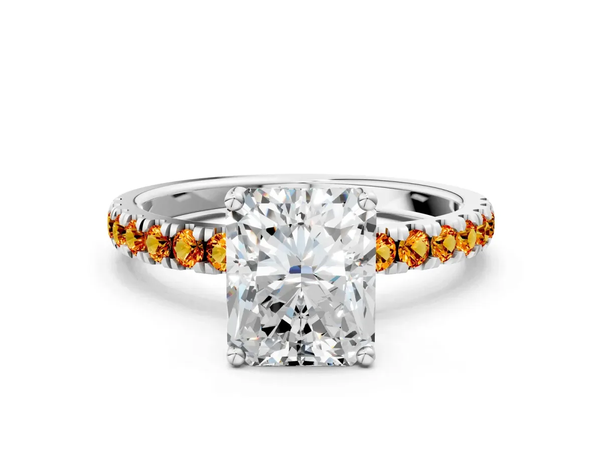 Radiant Cut Diamond Pave Band Solitaire Ring with Round Citrine and Prong Setting Silver