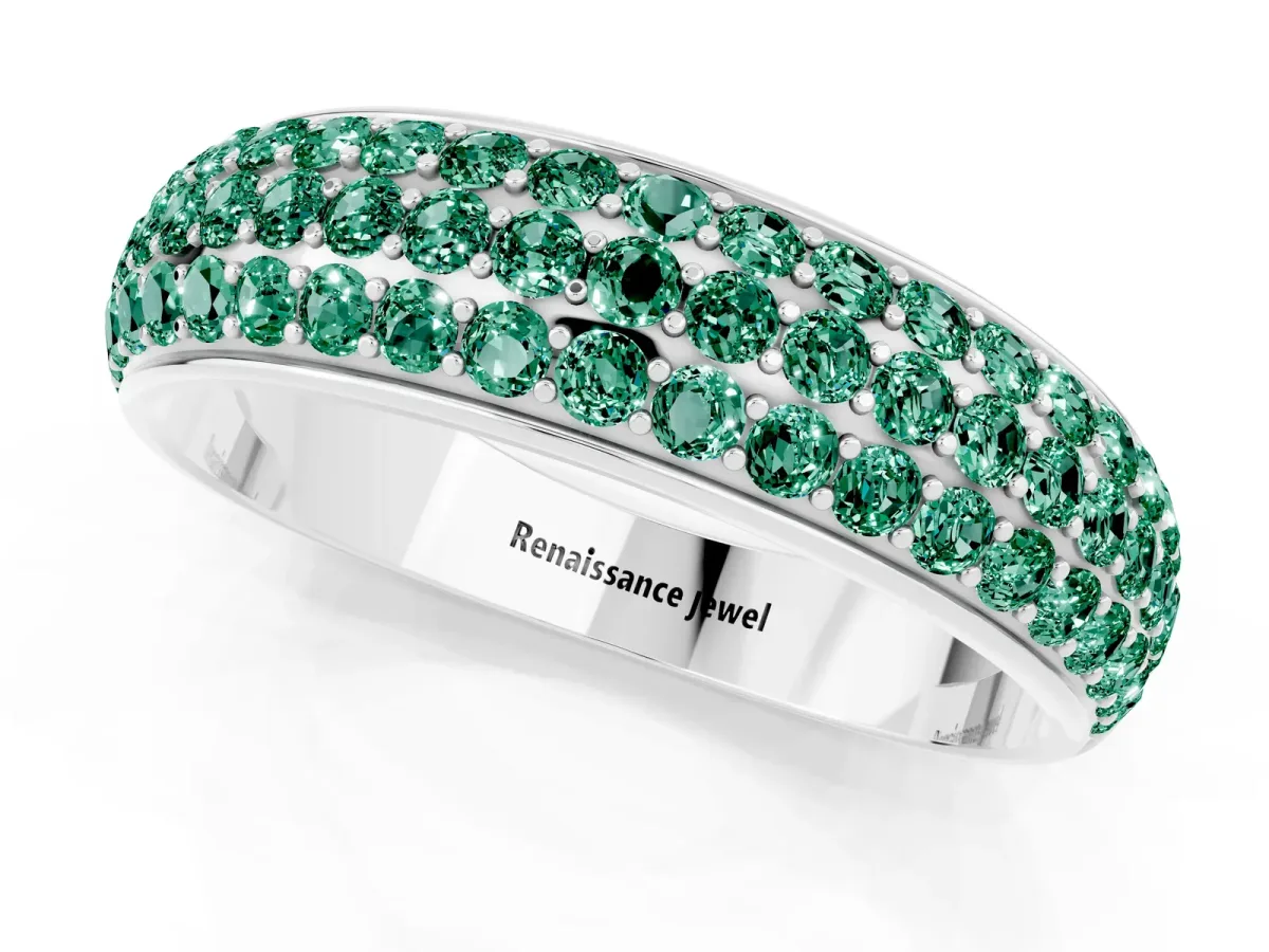 Three-Row Round Green Sapphire Eternity Band with Shared Prong Setting White gold