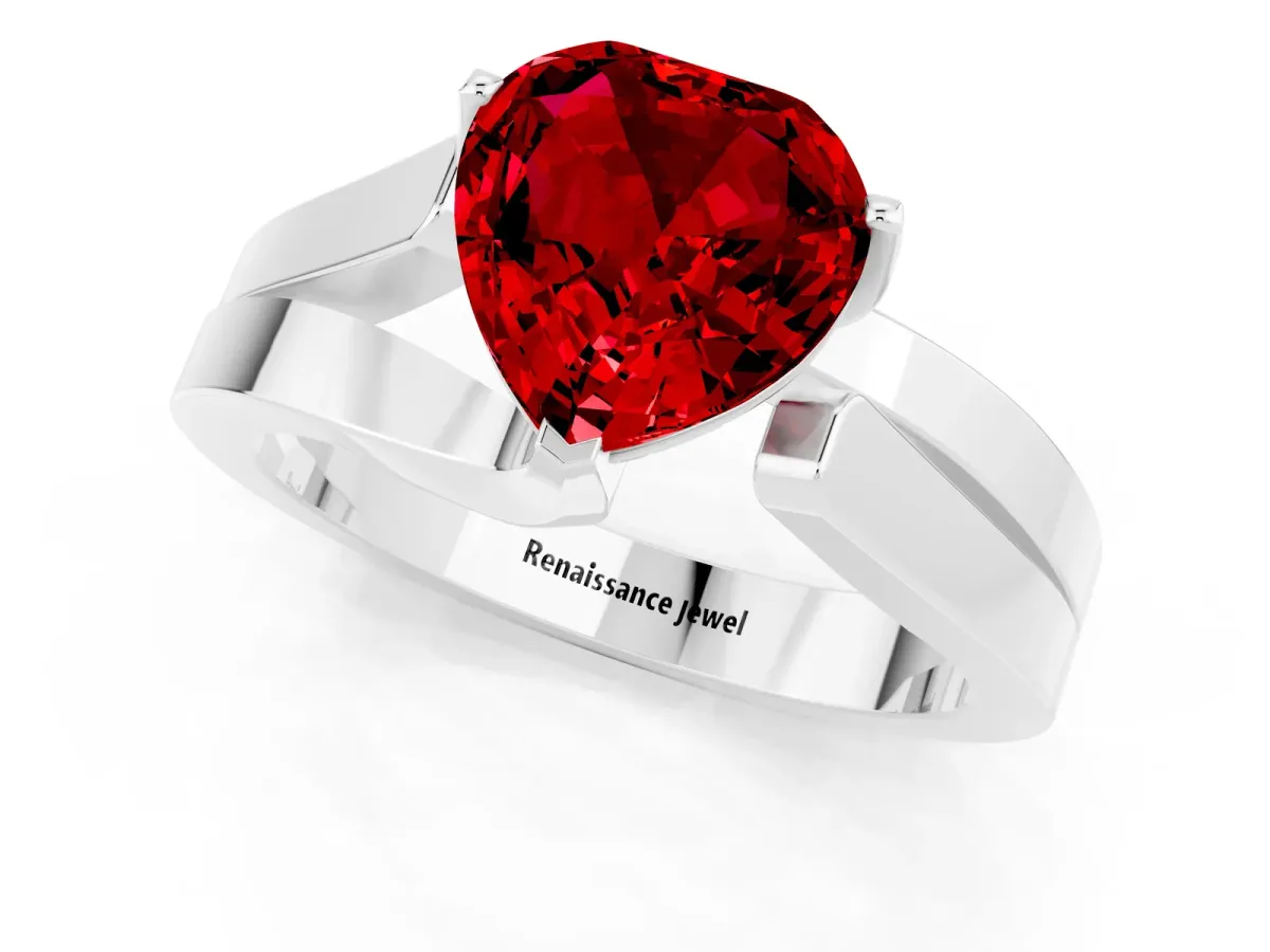 Modern Tension Set Heart Cut Ruby Solitaire Wide Band Ring Platinum