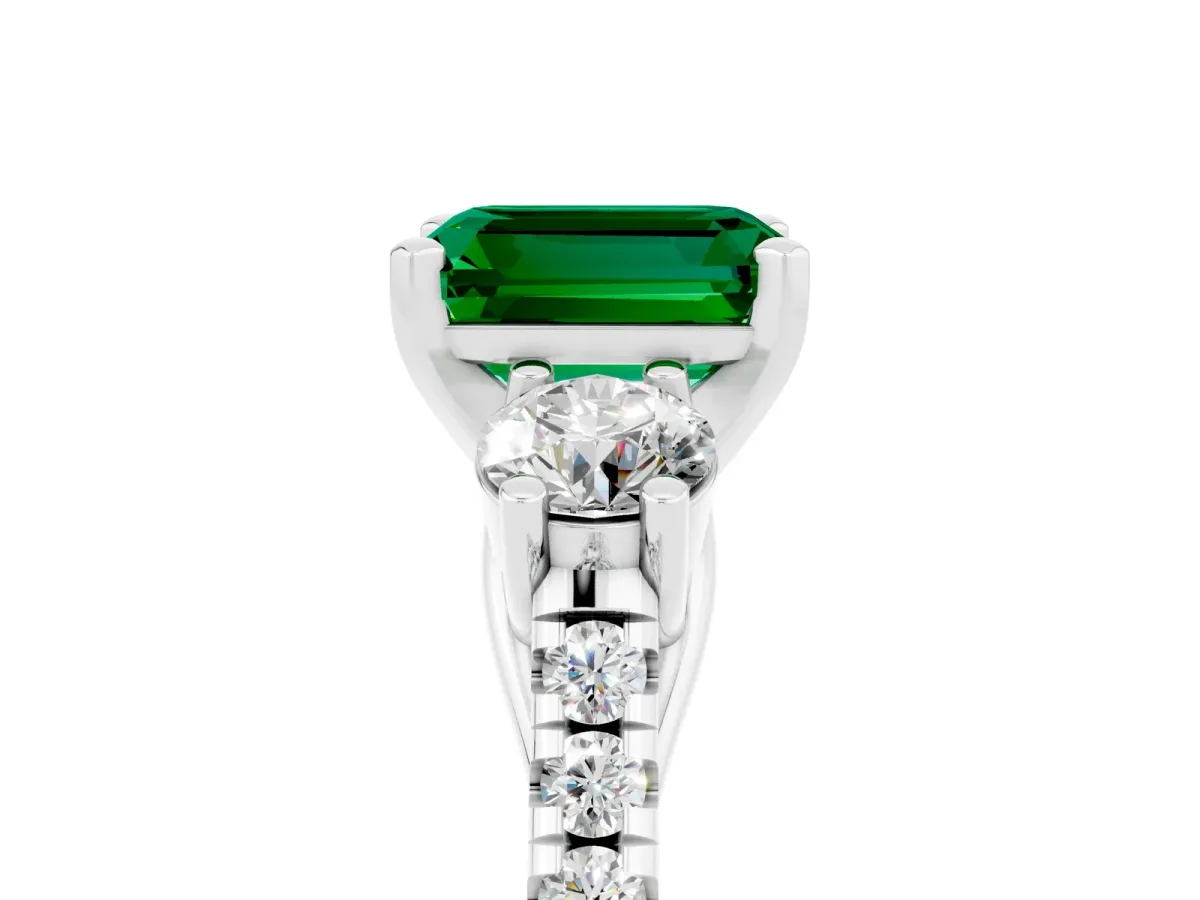 Three-Stone Emerald Cut Emerald Pavé Band with Four-Prong Setting Silver