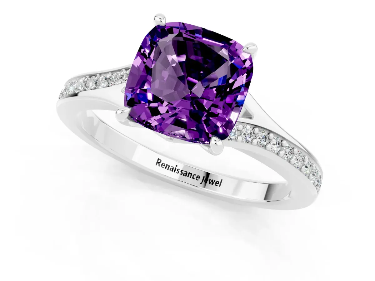 Cushion Cut Amethyst Solitaire Ring with Pavé Band and Prong Setting Silver