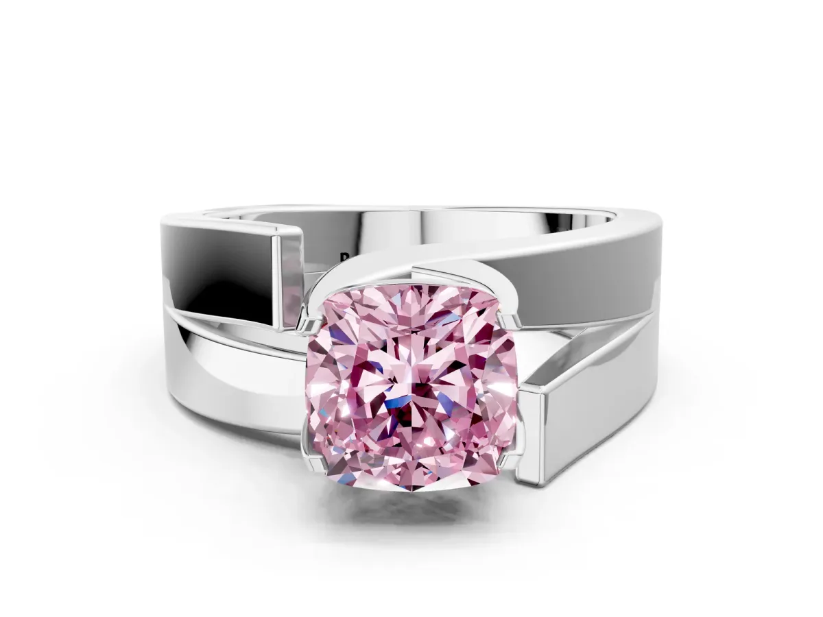 Fancy Pink Modern Tension Set Cushion Cut Diamond Solitaire Wide Band Ring Silver