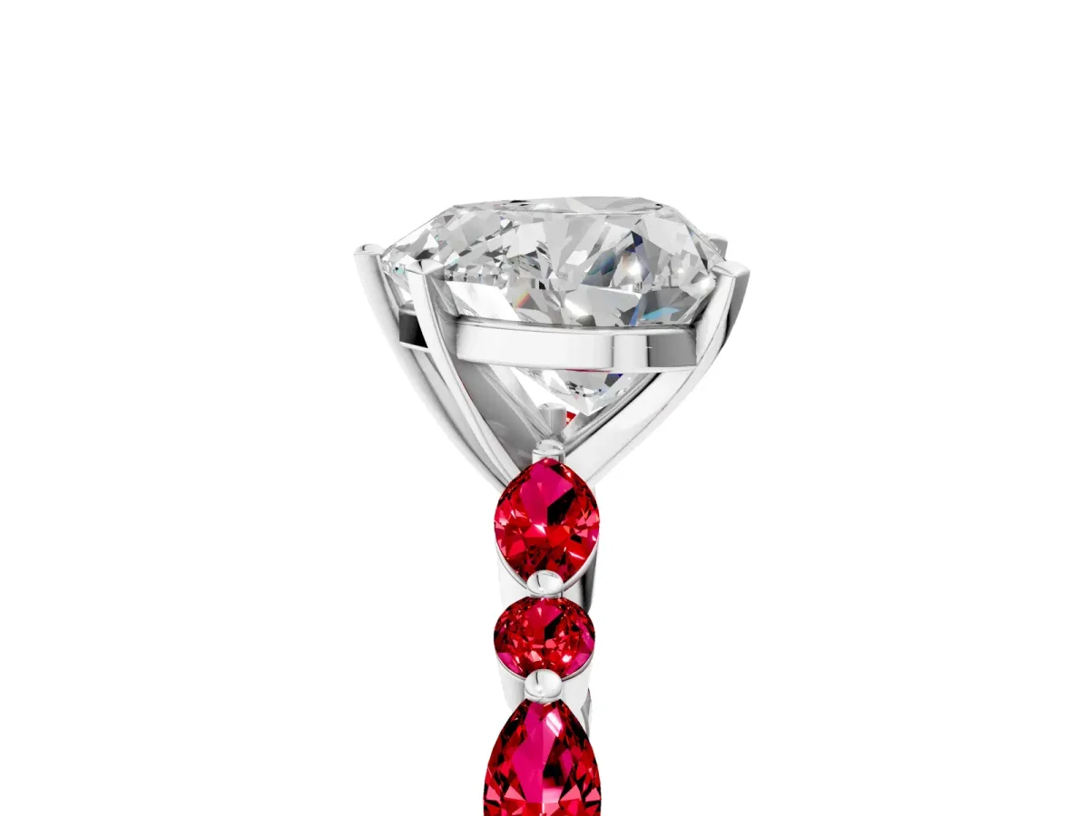 Heart Cut Diamond Ring with Marquise and Round Ruby Side Stones and Four-Prong Setting Platinum