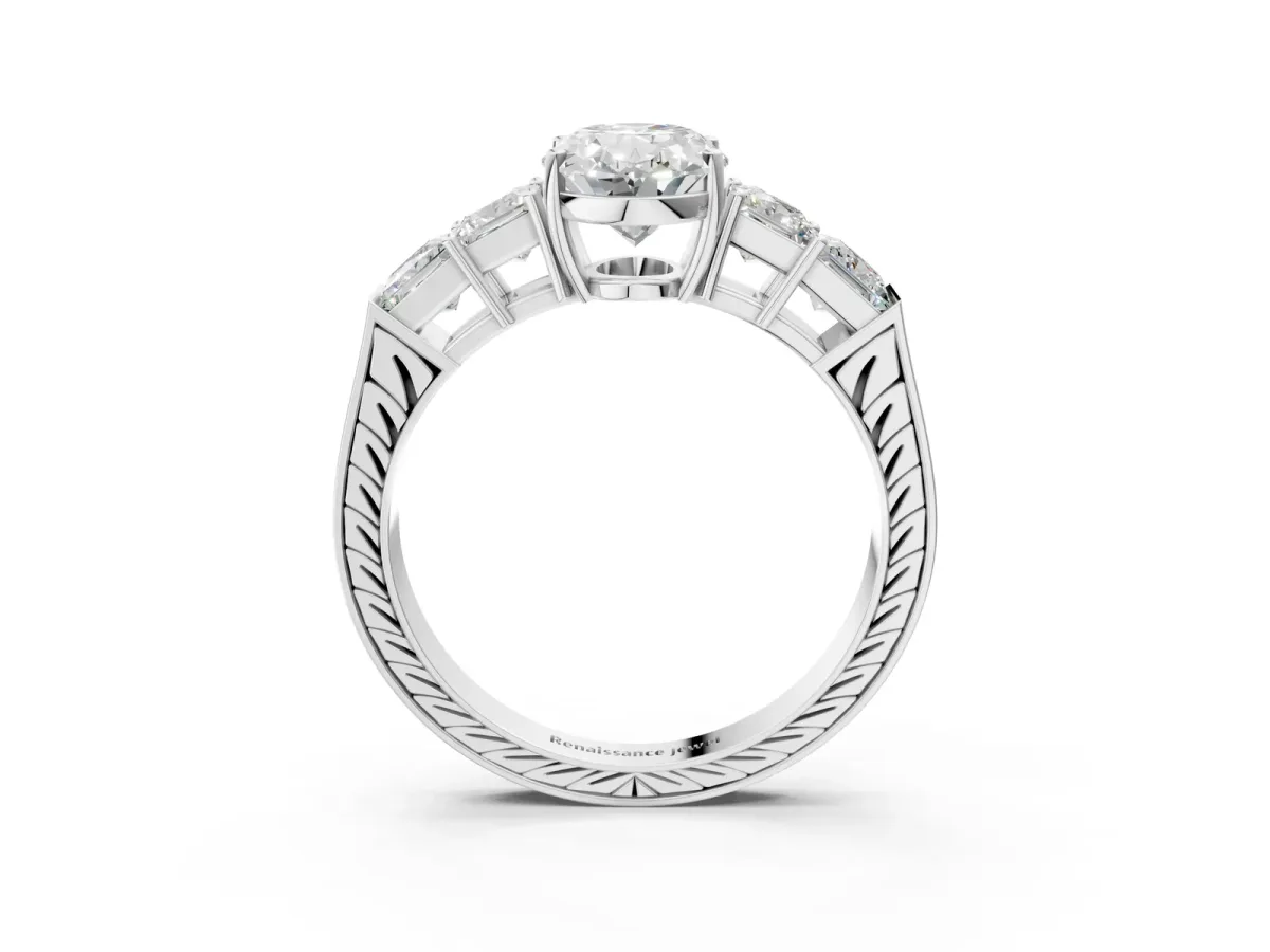 Oval Cut Solitaire Princess Side Stone Engraved Band Prong Setting Ring Silver