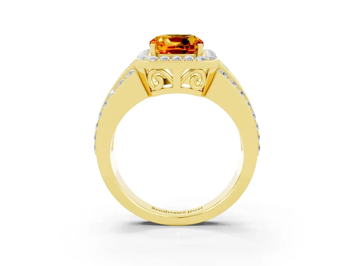 Cushion Cut Halo Citrine Ring with Round Split Shank and Prong Setting Yellow gold