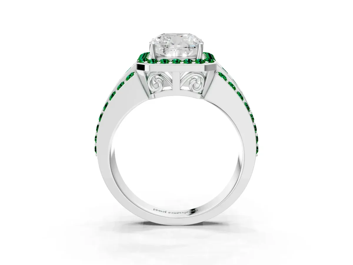 Cushion Cut Halo Diamond Ring with Round Emerald Split Shank and Prong Setting White gold