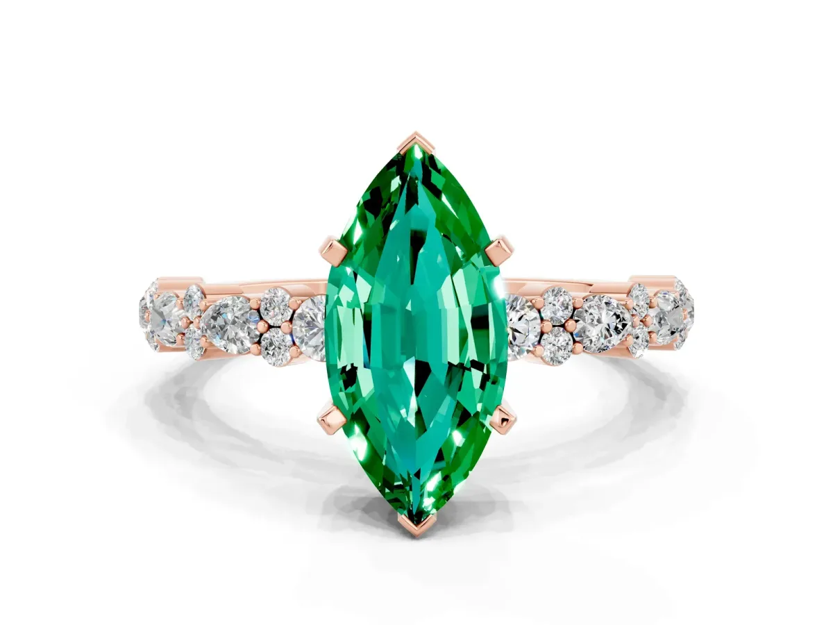 Marquise Cut Emerald Side Stone Solitaire Ring with Round and Four-Prong Setting Rose gold