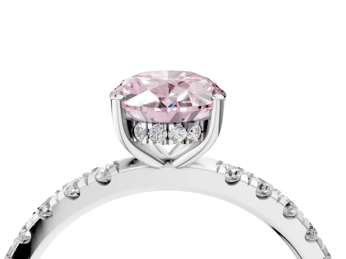 Fancy Pink Oval Cut Diamond Pave Band Solitaire Ring with Round and Prong Setting Platinum