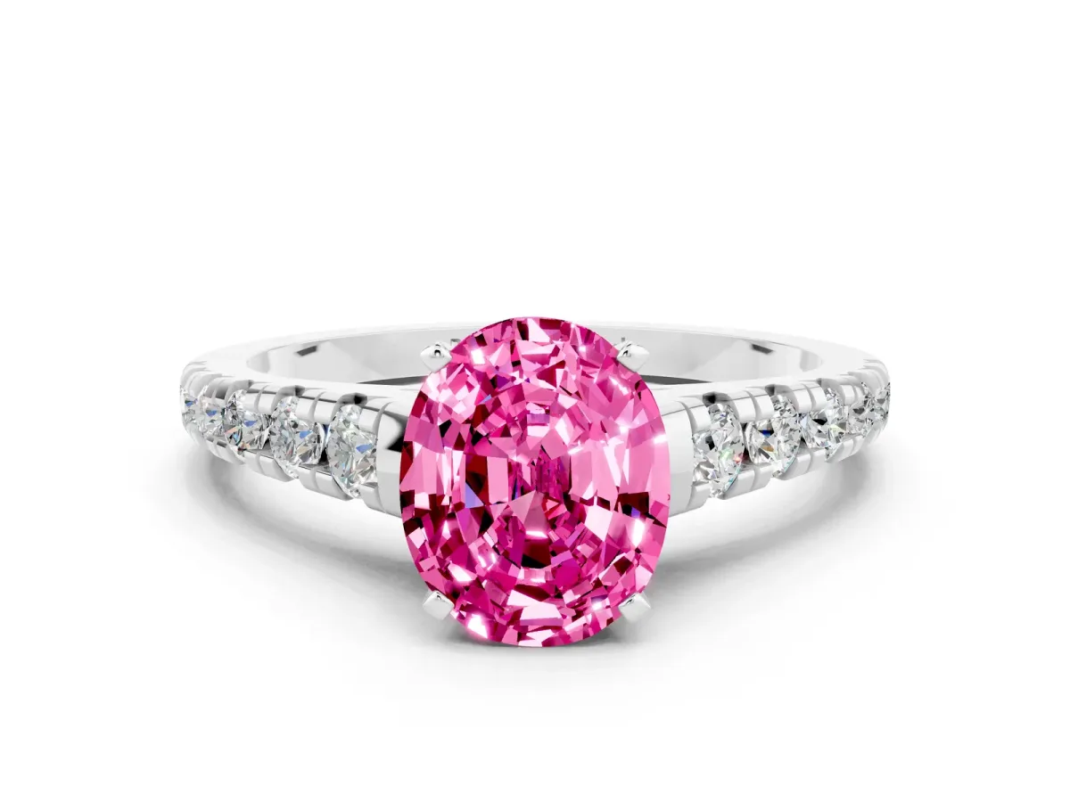 Oval Cut Pink Sapphire Cathedral Solitaire Ring with Round Pavé Band Silver