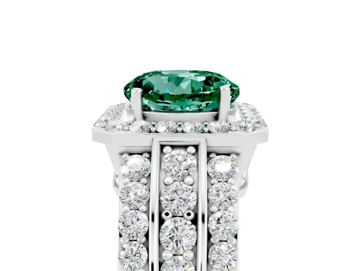 Round Cut Halo Green Sapphire Ring with Round Split Shank and Prong Setting Silver