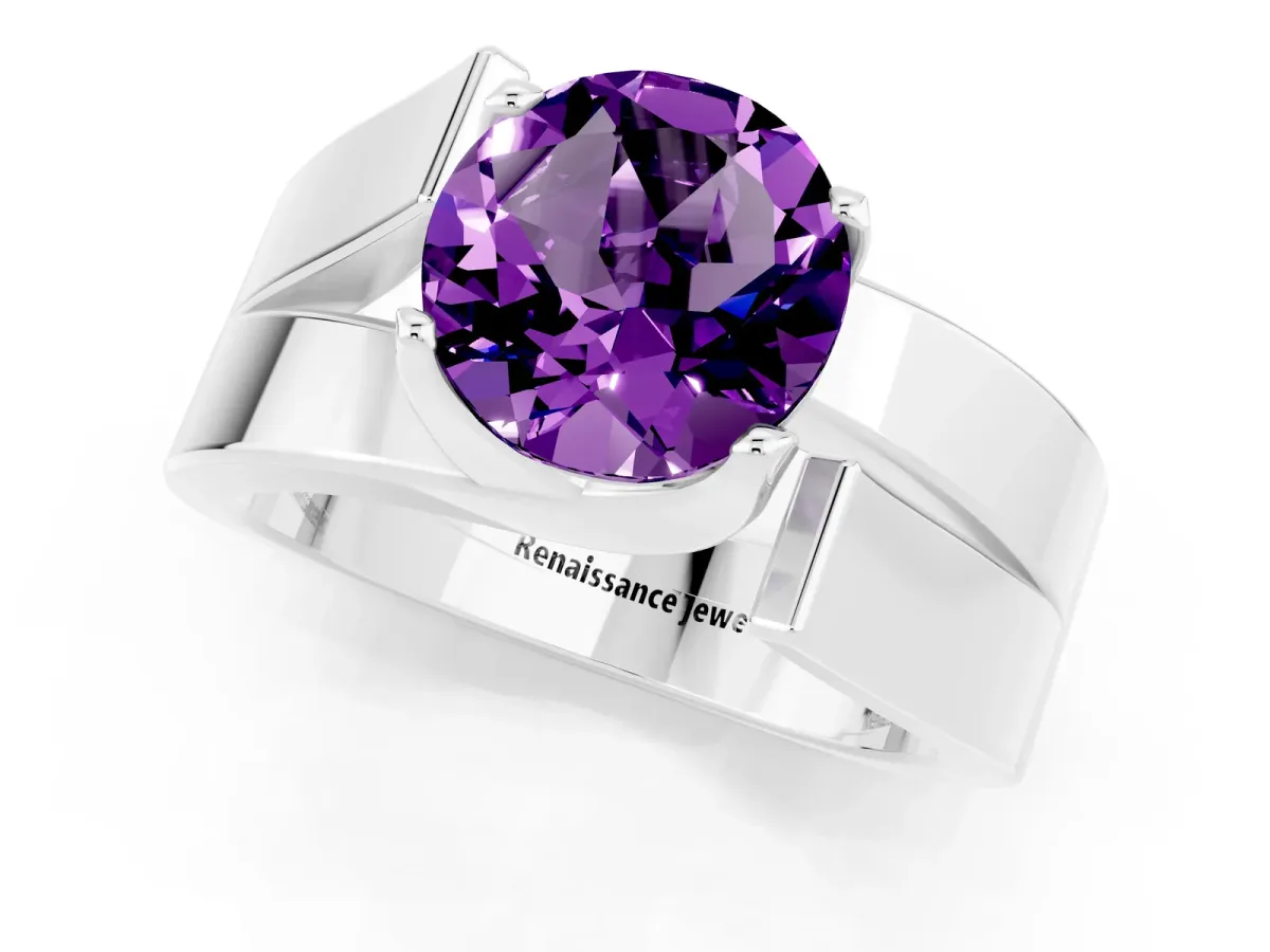 Modern Tension Set Round Cut Amethyst Solitaire Wide Band Ring Silver